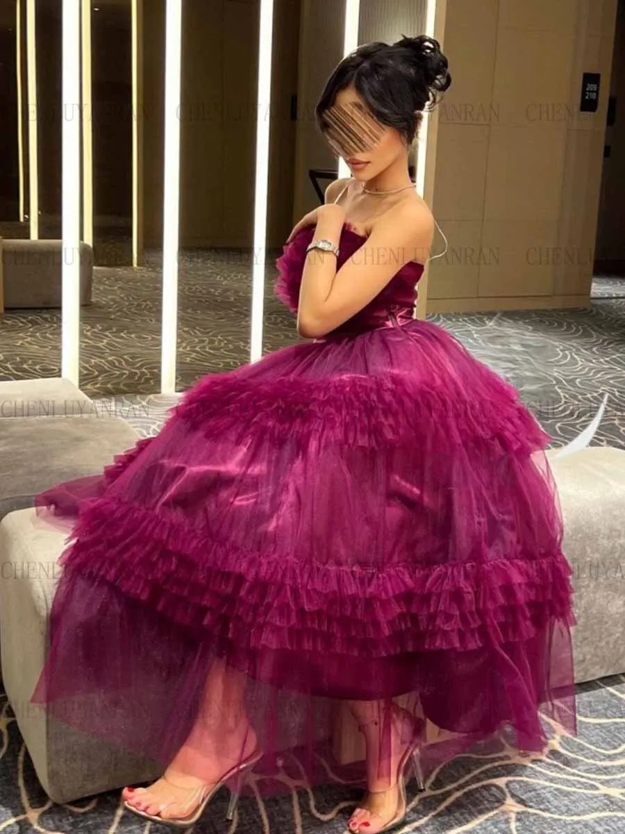 Purple Sexy Formal Occasion Dresses Strapless Pleat Tulle Prom Gowns Puffy A-Line Zipper Evening Party Dress فساتين حفلات