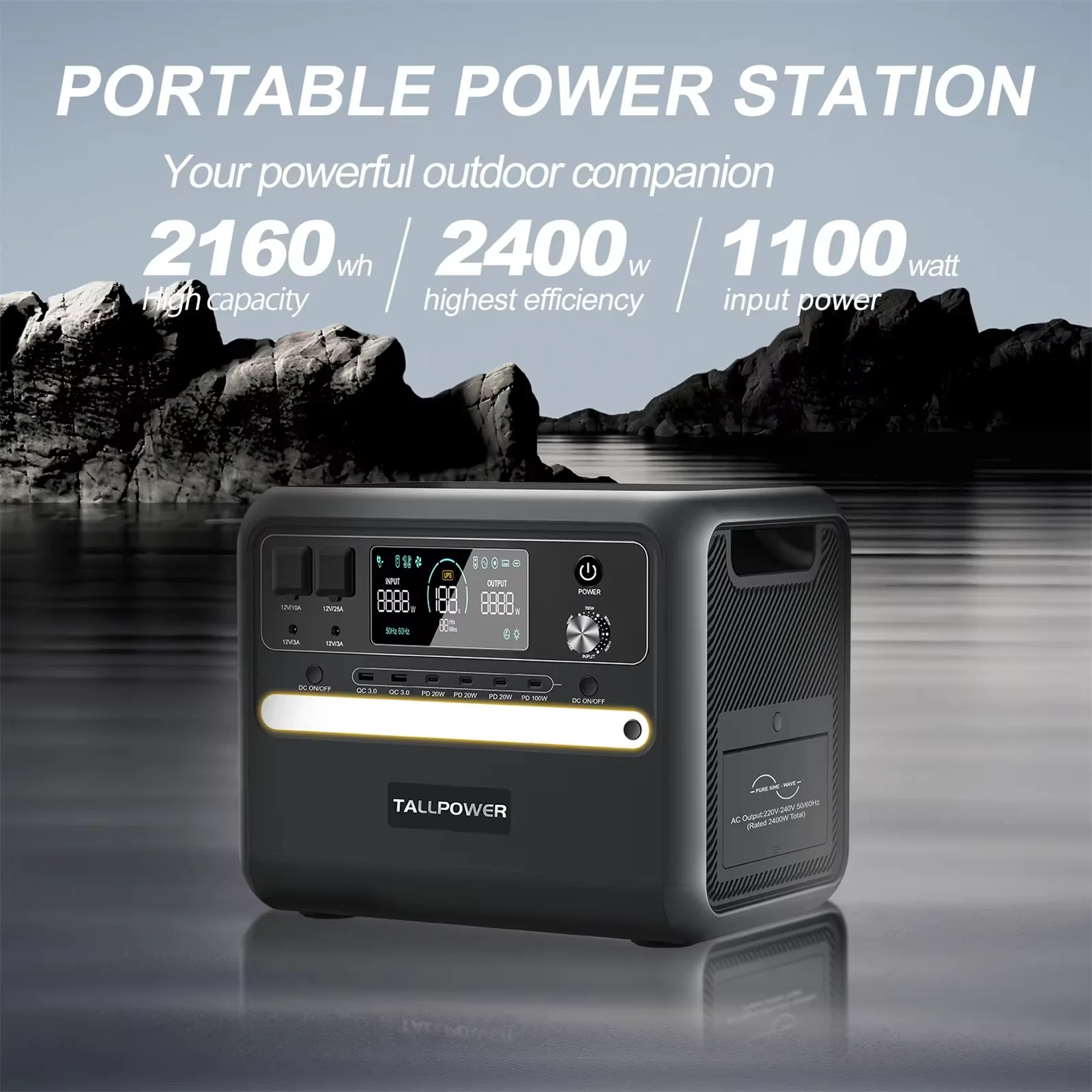 TALLPOWER V2400 Estación de energía portátil 2400W Generador solar 2160Wh LiFePO4 Batería Respaldo para el hogar Camping al aire libre Energía móvil