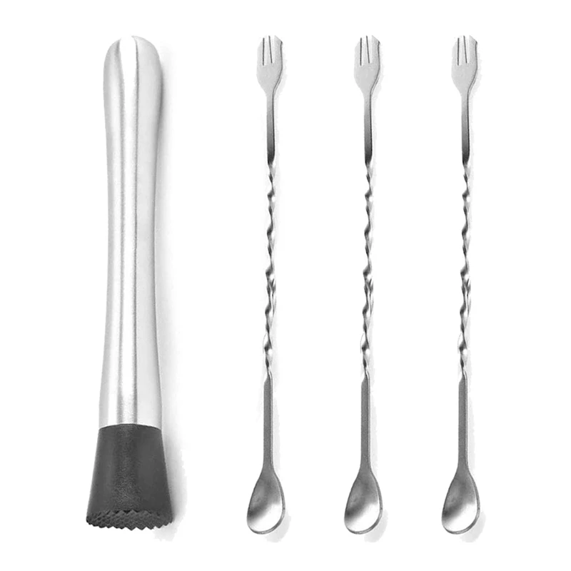 

8Inch Stainless Steel Cocktail Muddler & 10Inch Mixing Spoon Home Bar Tool Set,For Make Mojito Mint Juleps Drink Juices