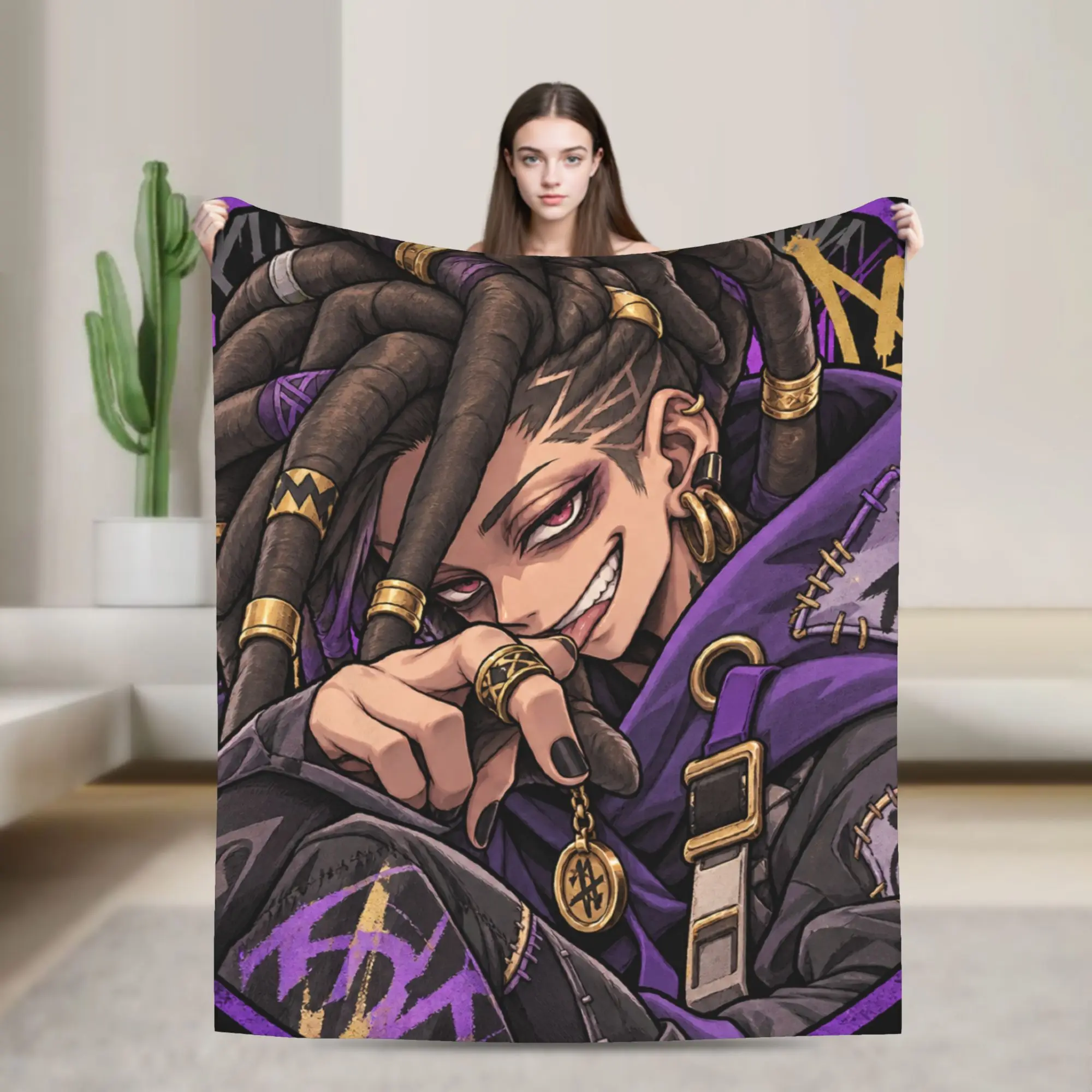GACHIAKUTA Hooded Man Purple Runes Anime Plush Blankets Flannel Throw Blanket For Home Decor Super Soft Customized Bedspread