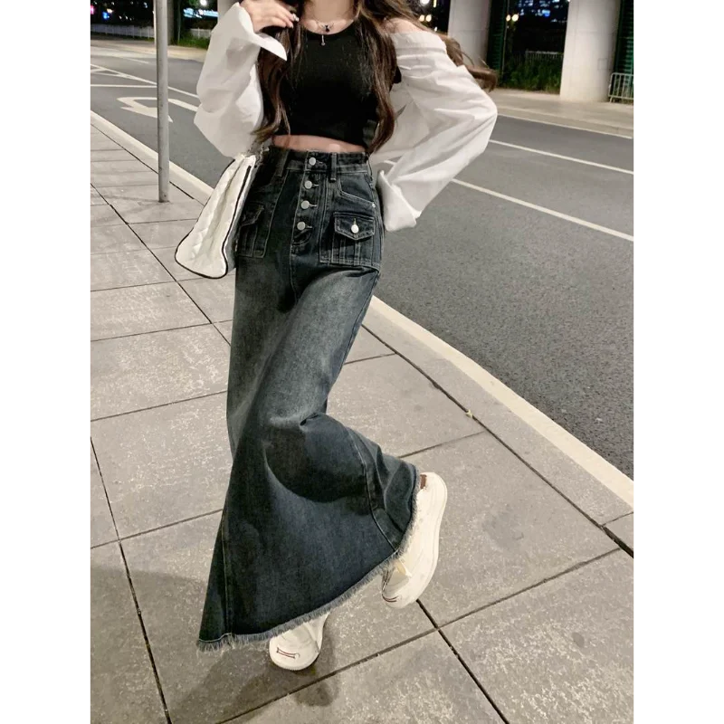 تنورة نسائية عالية الخصر من قماش الدنيم ميدي بتصميم جديد للخريف والشتاء، تنورة طويلة مغسولة بتصميم عتيق #3