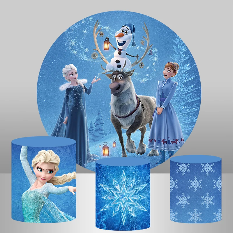 Frozen Princess Circle Round Backdrop Cover Anna and Elsa Background Table Banner Plinth Cover for Kids Birthday Party Decor