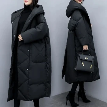 2024Winter neue Frauen Daunen jacke Mode lose übergroße Kapuze Baumwolle Mantel lange schwarze Rücken Split Parka dicke warme Outwear weiblich