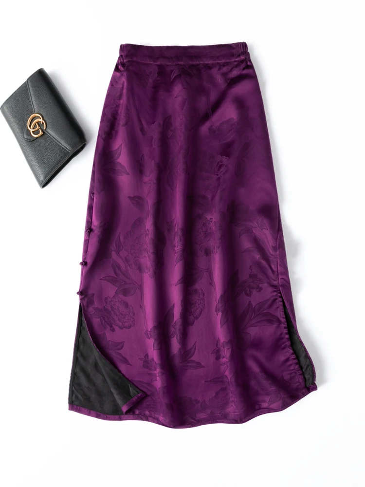กระโปรงทรงเข้ารูปแฟชั่นผู้หญิง สีม่วงแดง ขนาด 45 มม. ผ้าไหมมัลเบอร์รี่แท้ 100% ผ้ากวางตุ้งเนื้อละเอียด แต่งกระดุมแบบมีสไตล์
