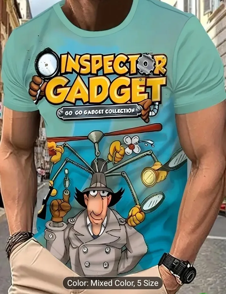 تي شيرت رجالي بطباعة ثلاثية الأبعاد من Inspector Gadget Retro من البوليستر كاجوال برقبة دائرية S-2XL