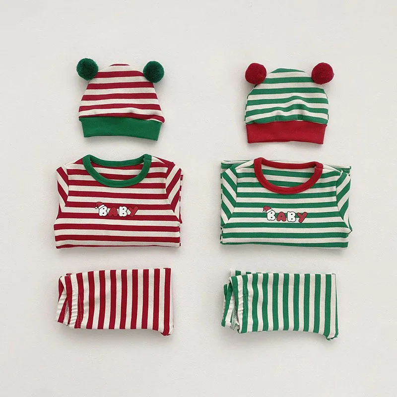 MILANCEL Christmas Baby Clothing Set Striped Blouse Bib Hats  And Pants Toddler Suits