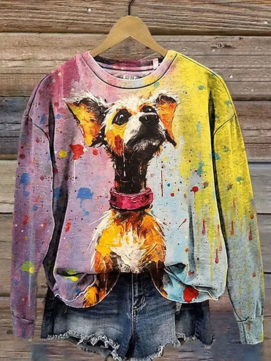 2025 المرأة الحيوان الكلب الجرافيك بلوزات ثلاثية الأبعاد يطبع س الرقبة طويلة الأكمام تي شيرت ملابس نسائية Y2K الشارع الشهير الخريف البلوز #1