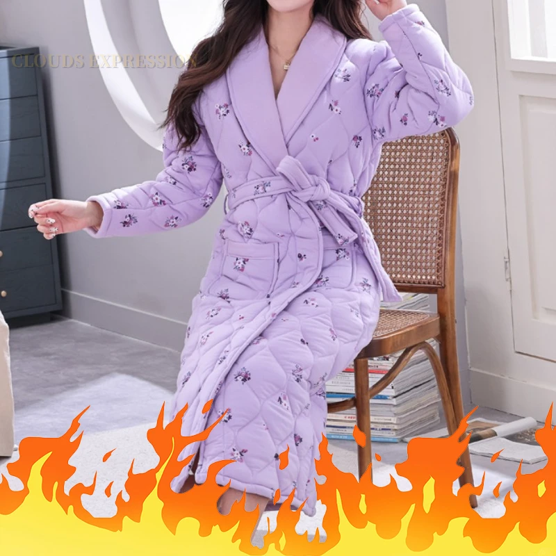 Winter Three-layer Thickened Women\'s Sleep Lounge Warm Quilted Jacket Long Robes Lady Night-robe Plaid  Bathrobe Comfy Homewear