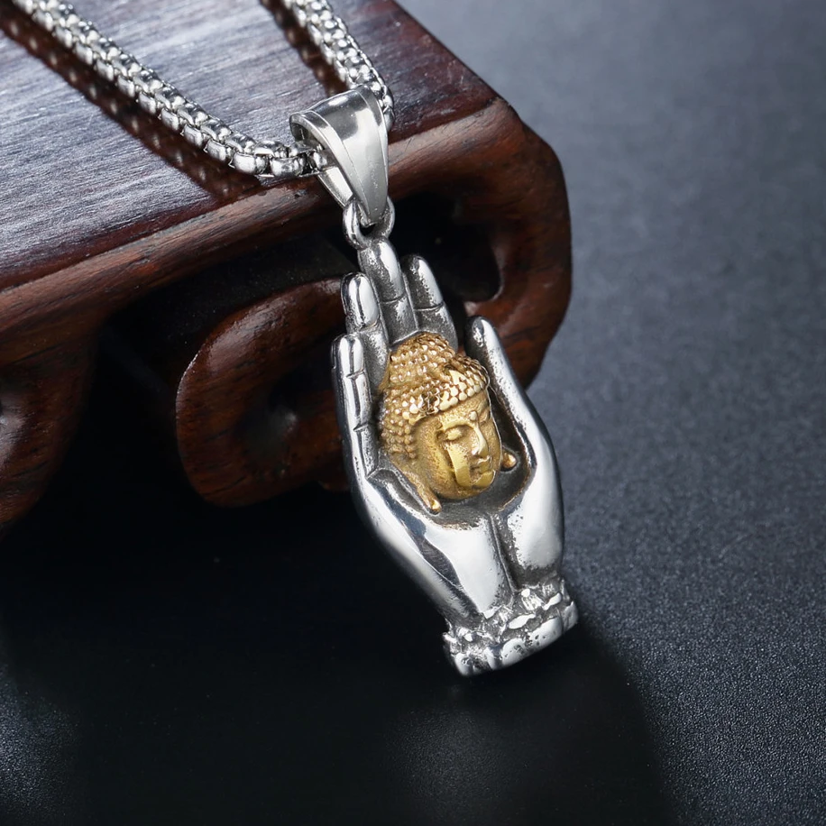 Stainless Steel Titanium Buddha Palm Buddhism Vintage Boho Punk Hip Hop Pendant Collar Chains Necklace for Men Women Gift