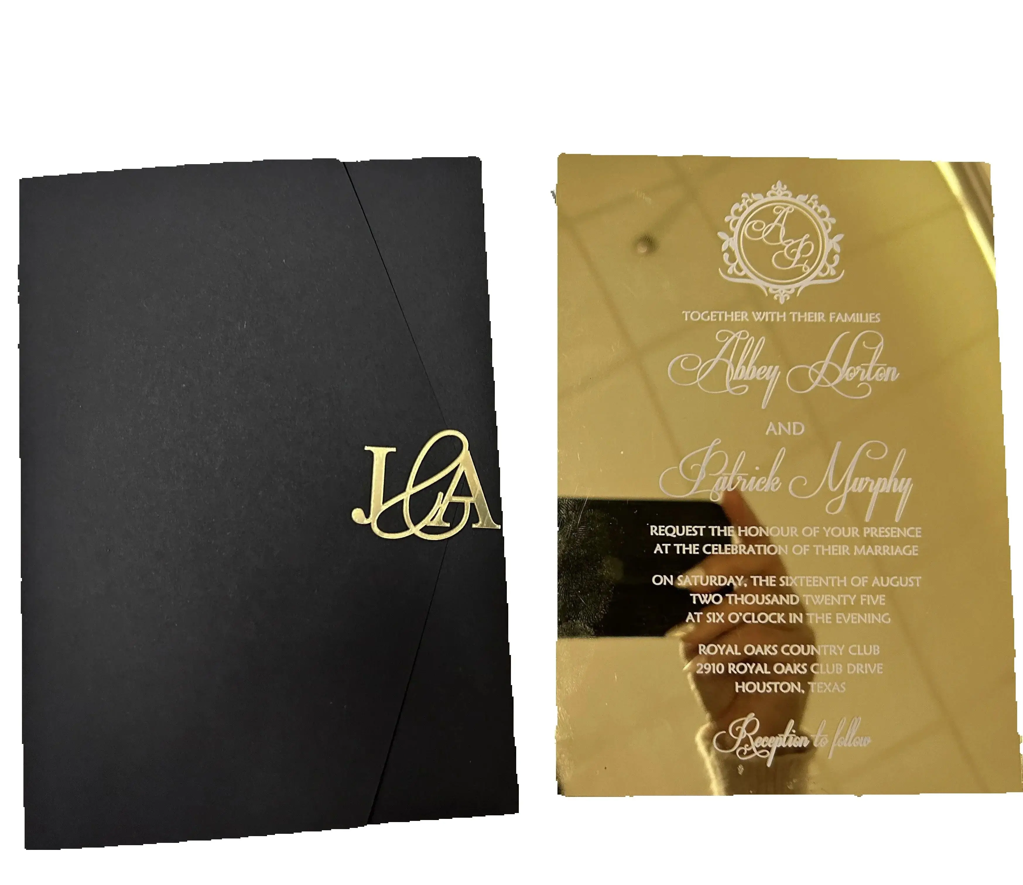 Soporte plegado triple personalizado hebreo con espejo, tarjeta acrílica con logotipo de nombre dorado y bolsillo Rsvp, tarjeta de invitaciones acrílicas para boda
