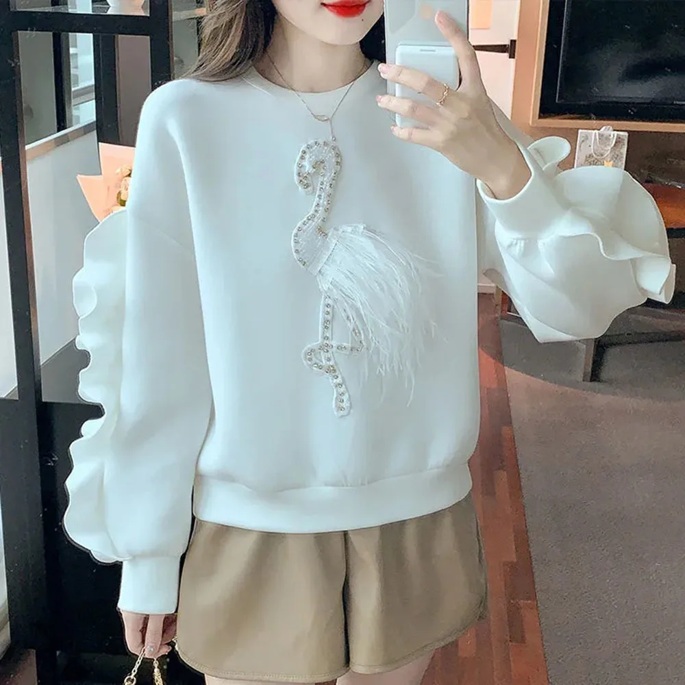 Diamond Swan Feather Tassels Sweatshirts Autumn Ruffled Long Sleeve Loose Tops Women E-Girl Mid-length Pullovers Sudaderas Mujer