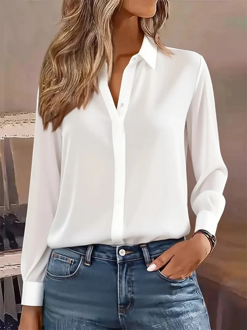 

Autumn solid colour long-sleeved versatile shirt lapel shirt women