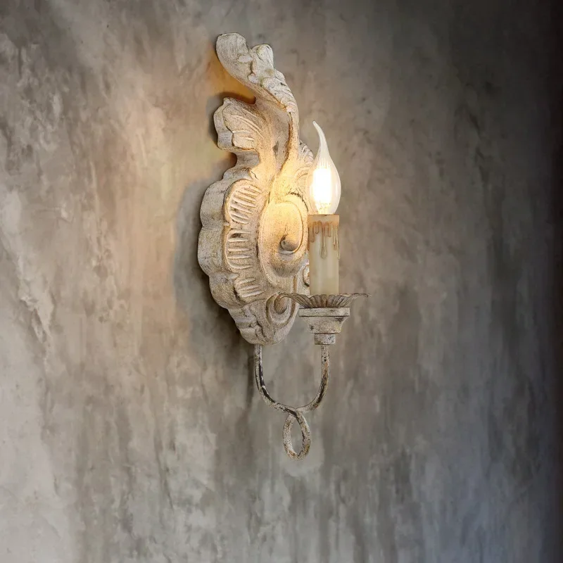 

American Retro Solid Wood Wall Lamp French Living Room Bedroom Corridor Porch Made Old Iron Candle Light Sconce