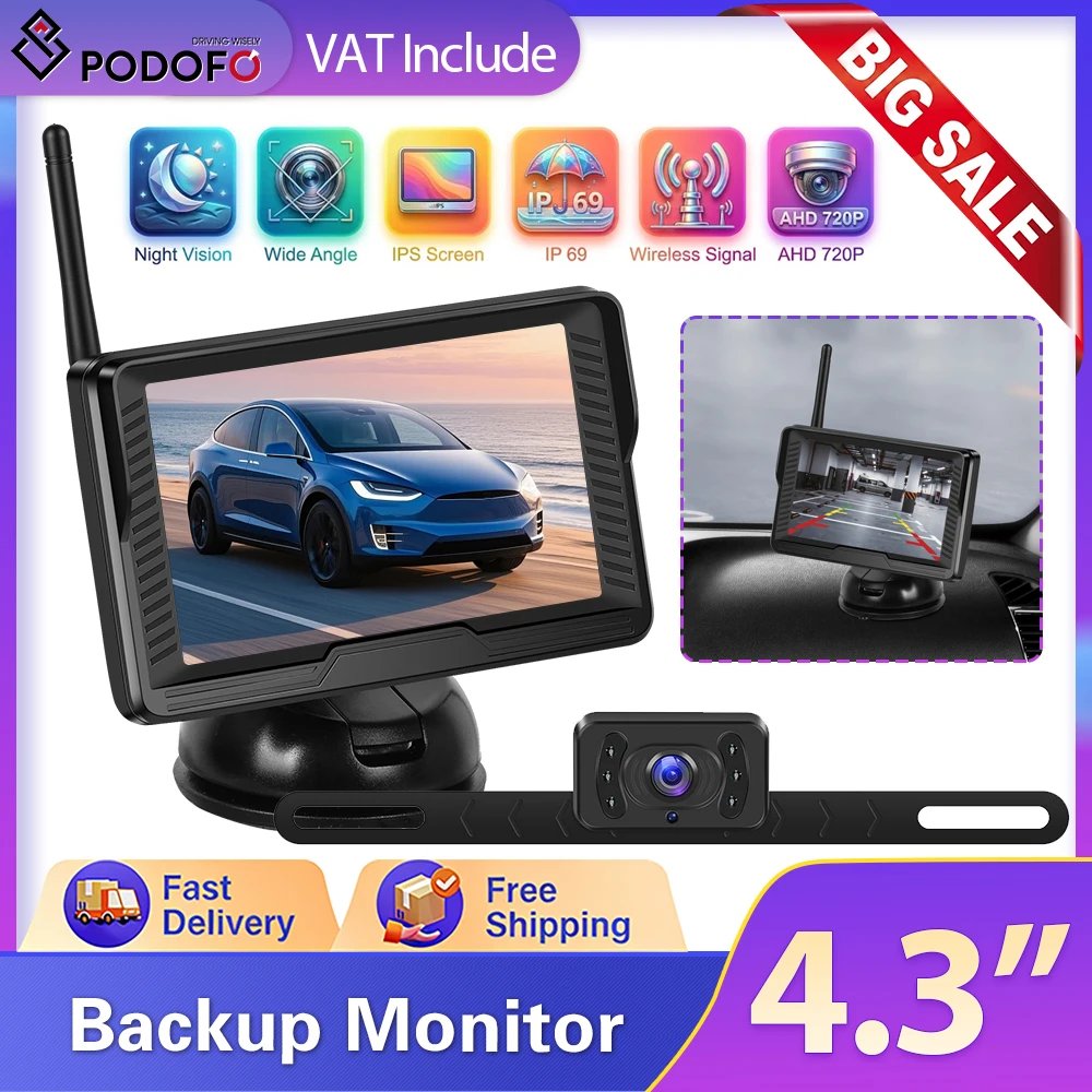 Moniteur de voiture Podofo avec écran IPS de 4,3 pouces, caméra de recul sans fil, étanche IP69, vision nocturne, caméra de recul pour système de stationnement