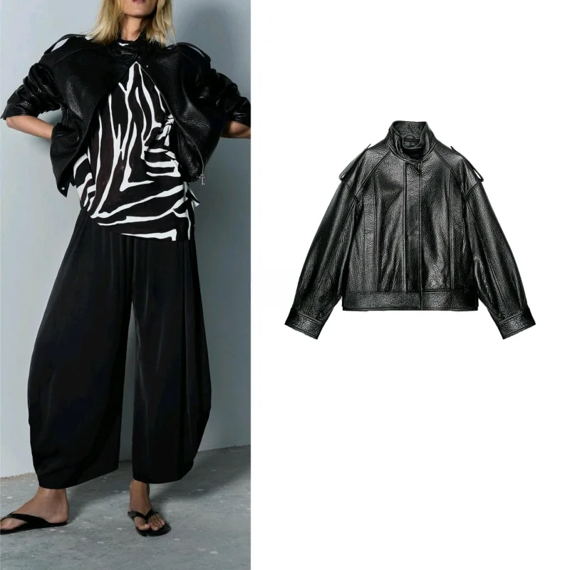 

Fall New Women's High Collar Long Sve PU Leather Pilot Jaet Coat 2969064 Casual Commute Sle Loose Fit Polyester Fiber