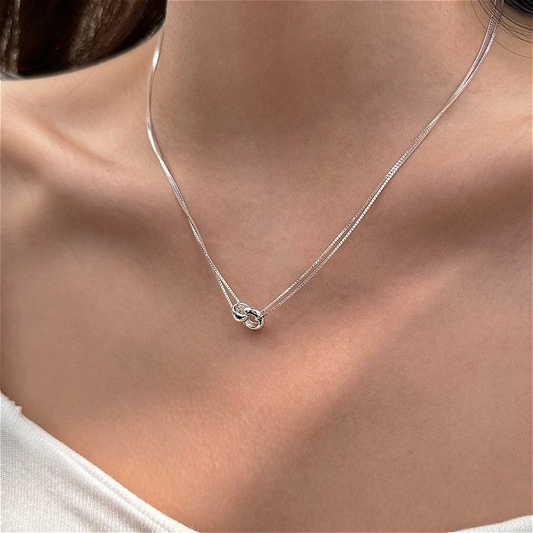 

S925 Sterling Silver Interlocking Double Layers Pendant Necklaces for Women Fine Jewelry Light Luxury Minimalist Accessories