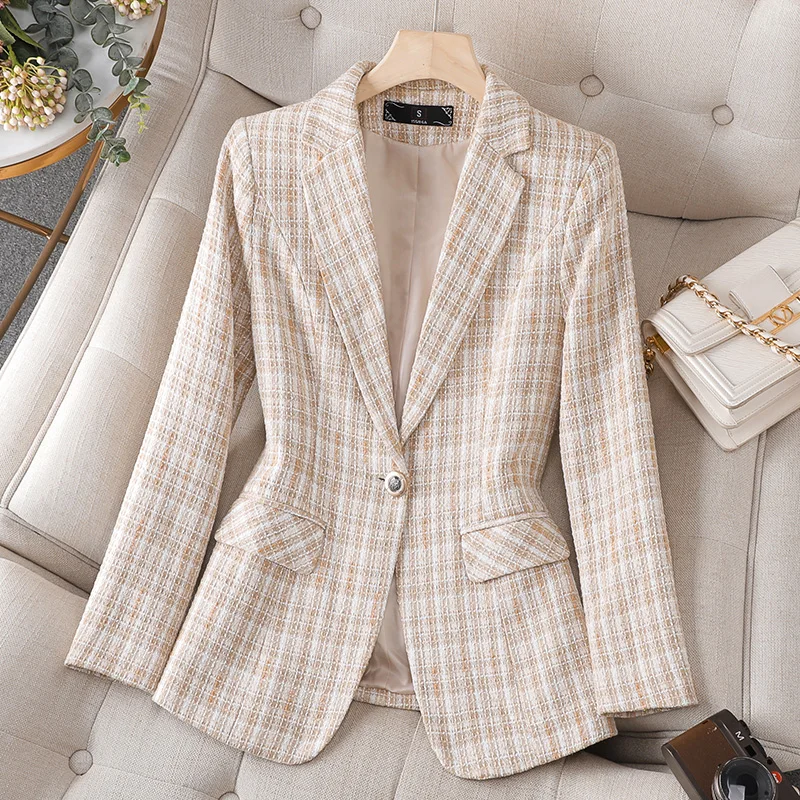 Fashion Women Casual Blazer Ladies Long Sleeve Purple Blue Green Yellow Plaid Female Jacket Coat For Autumn Winter