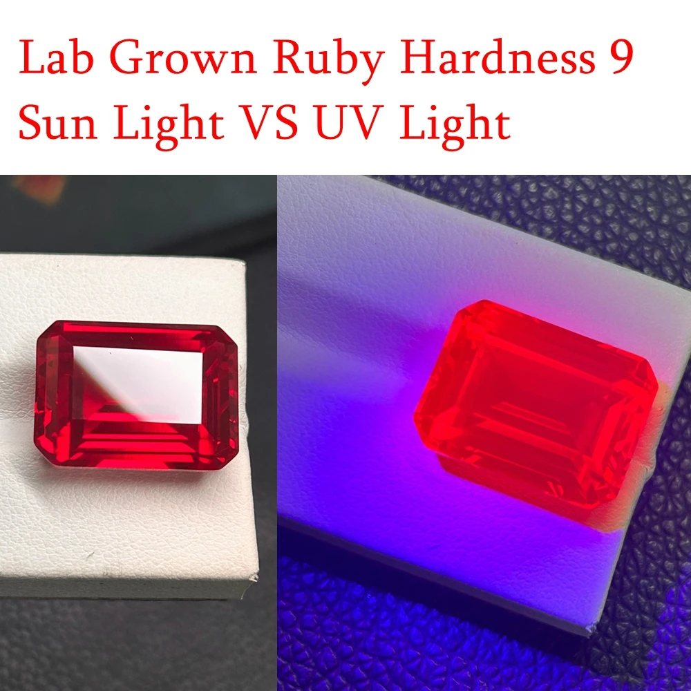 Meisidian UV Loose Gemstone, Emerald Cut, Hardness 9 Pigeon Blood Red Ruby, 15x20mm, 31 Carat