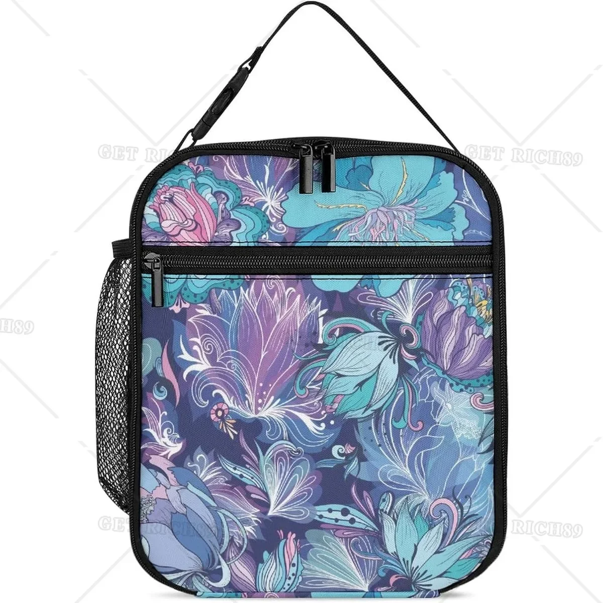 Floral-dark Blue Rectangular Lunch Bag Insulated Portable Lunch Box Tote Bags for Adults Men Women Travel Picnic Office Gifts