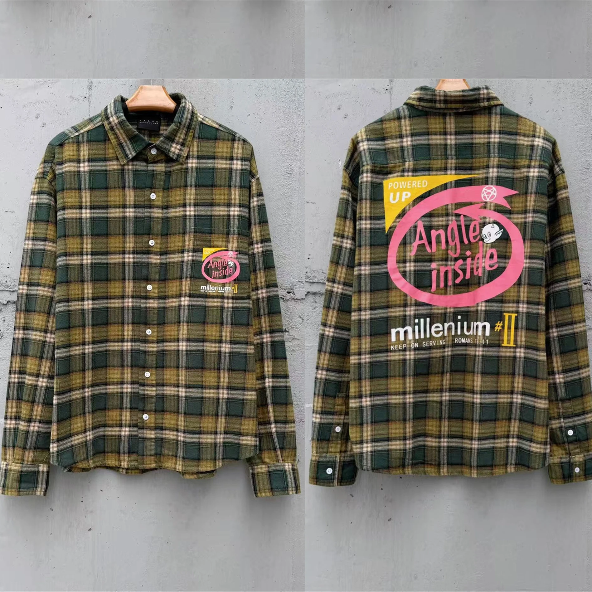

Devil graffiti washed checkered Shirt Men Women High Quality Handmade destruction of tassels at the hem Oversize Shirt