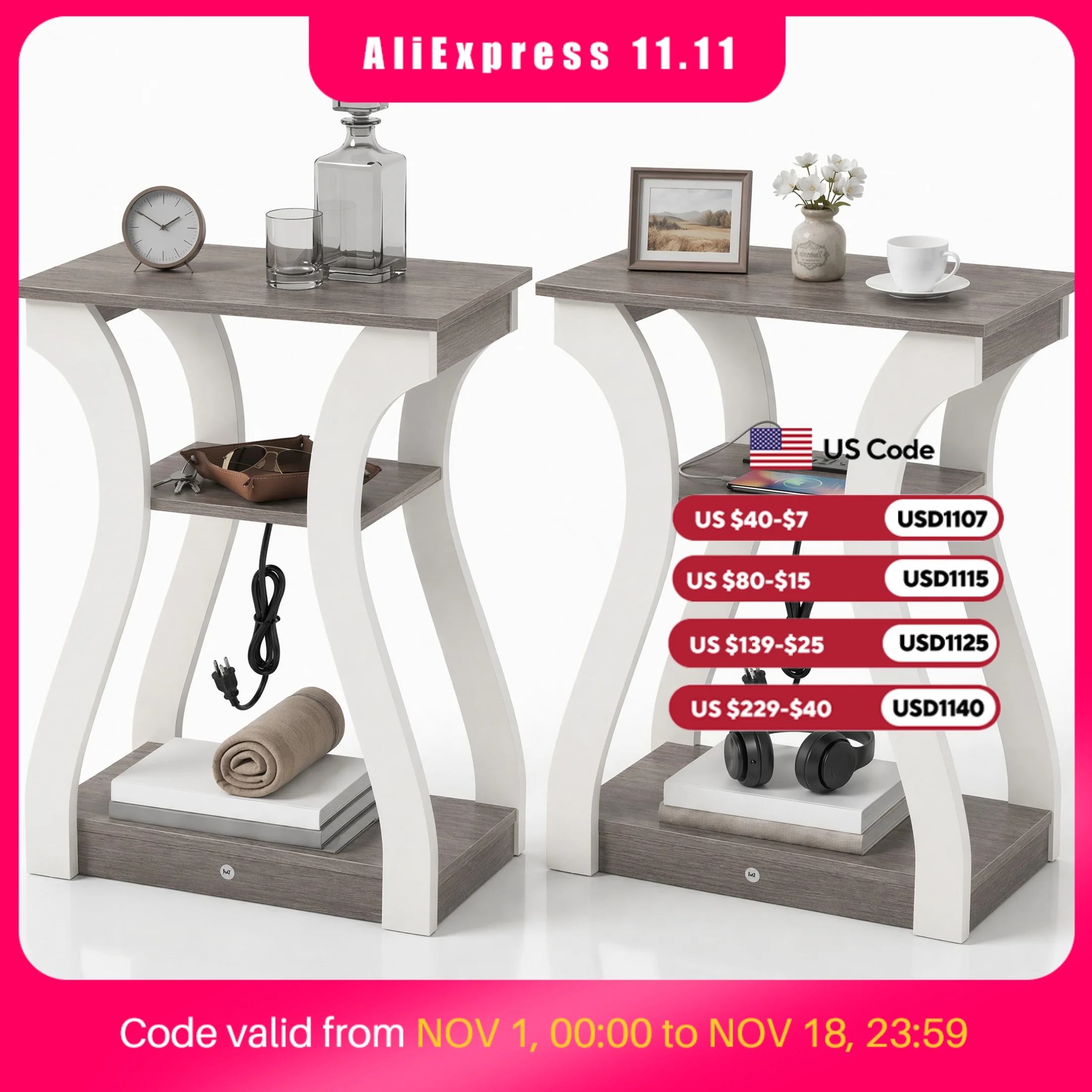 MCQ 2 Pack Living Room Cabinet with Charging Station 3-Tier Side Table Storage Display Nightstand Bedside Coffee Sofa Tea Table for Furniture