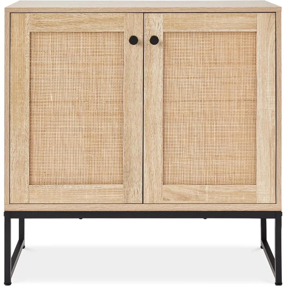 2-Door Rattan Storage Cabinet, Accent Furniture, Multifunctional Cupboard, Kitchen, Sideboard, Table w/Non-Scratch Foot Pads