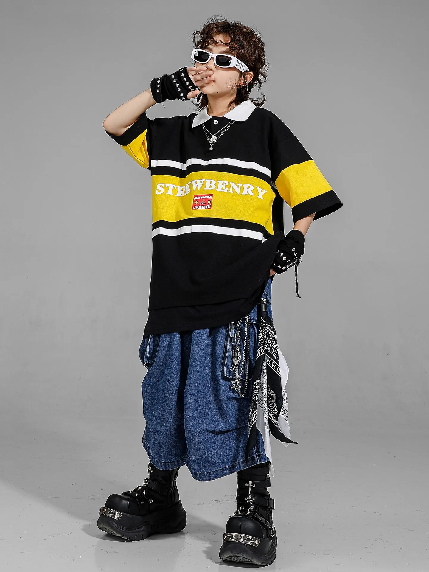키즈 팀 의류 힙합 의류 소년 스트리트 댄스 재즈 댄스 의상 티셔츠 반바지 정장 무대 복장 Catwalk Wear DQL10970