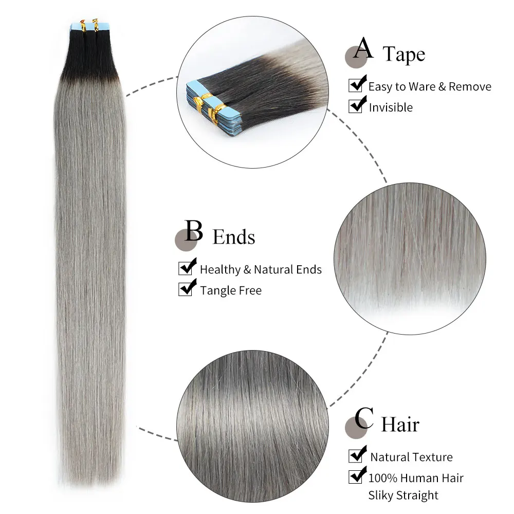 Doreen European 100% Real Human Hair Tape In Extensions 16 to 24  50g 2.5g/pcOmbre Black Silver Grey Hair PU Seamless Tape ins