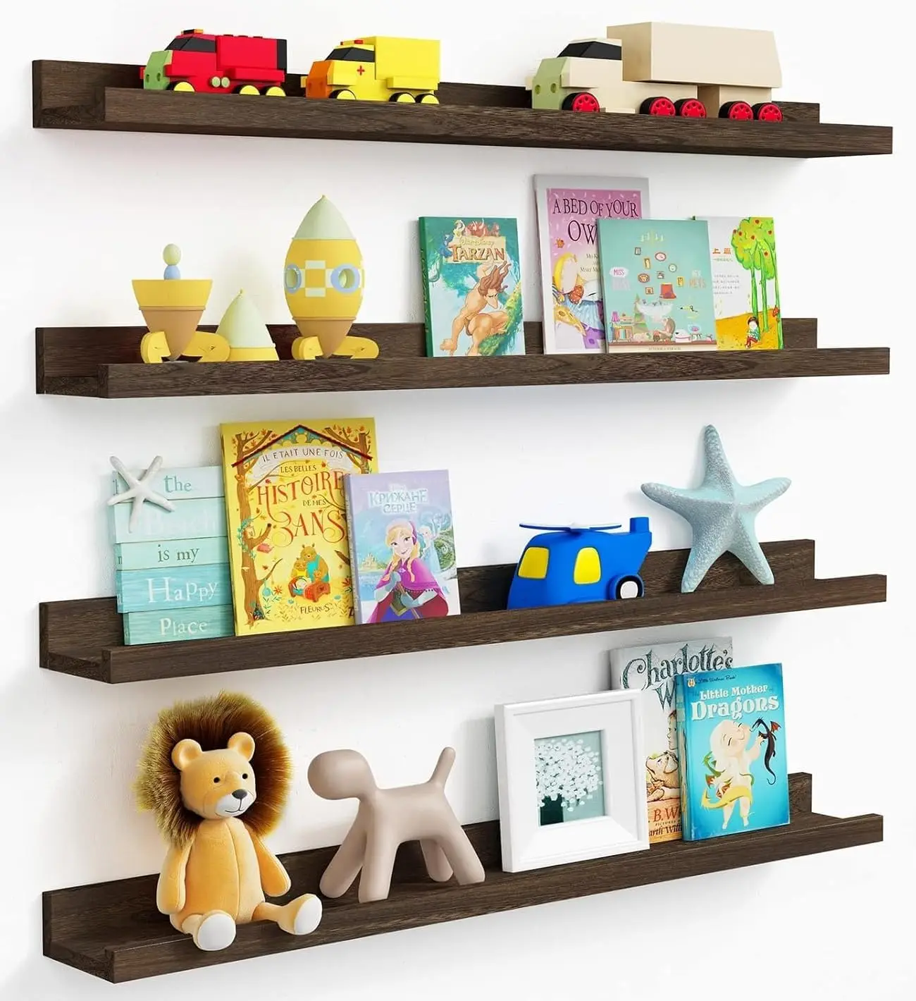 

36 Inch Long Picture Ledge Shelf, Wooden Floating Shelves for Wall with Lip, Dark Brown Wall Mounted Bookshelf Bookshel