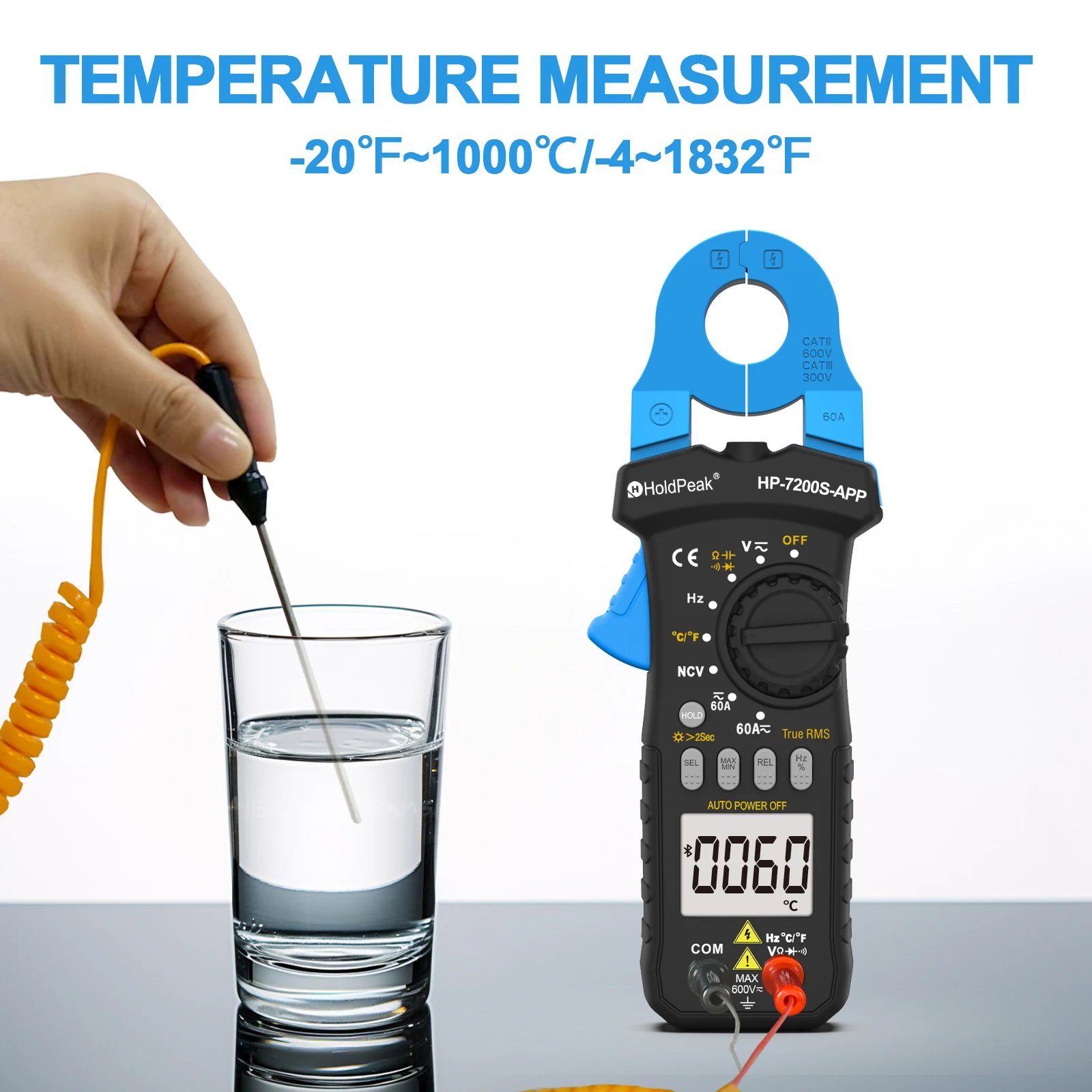 HP 6000 Counts Digital Clamp Meter Handheld Bluetooth Multimeter Voltage Tester Auto-Range 60A/400A TRMS w/NCV DC & AC,7200S-APP