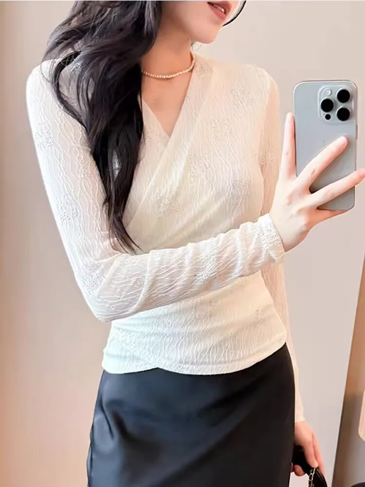 2025 심플 솔리드 엘레강트 메쉬 티셔츠 가을 겨울 여성 긴팔 탑 슬림 브이넥 다이아몬드 세트 벨벳 셔링 시어