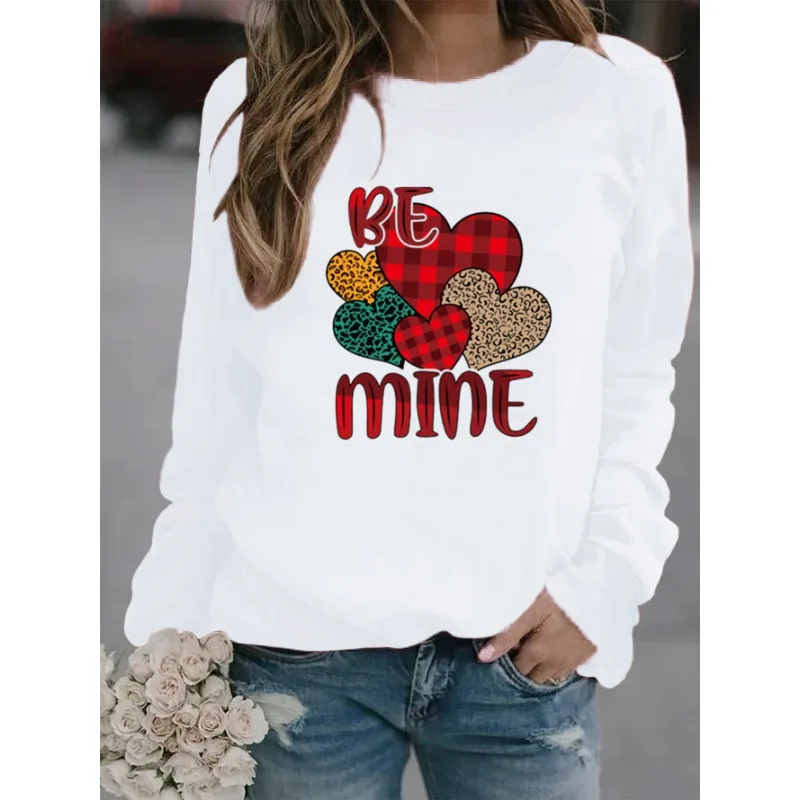 Valentine's Day New Crew-neck Long-sleeved Pullover Casual Red Plaid Love Printed Fleece Hoodie Sweatshirt  Aesthetic  Clothes