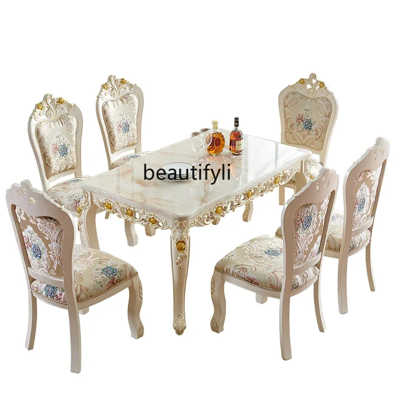 

European-Style Dining Tables and Chairs Set Marble Modern Simple Home Small Apartment Dining Table Solid Wood Rectangular Table