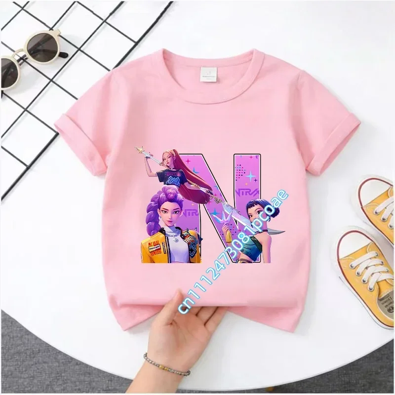 2026 New Summer Cotton T-Shirt with Letter A-Z Cartoon Print. K-Pop Demon Hunters. Children's Short-Sleeved Girls' Casual Top.