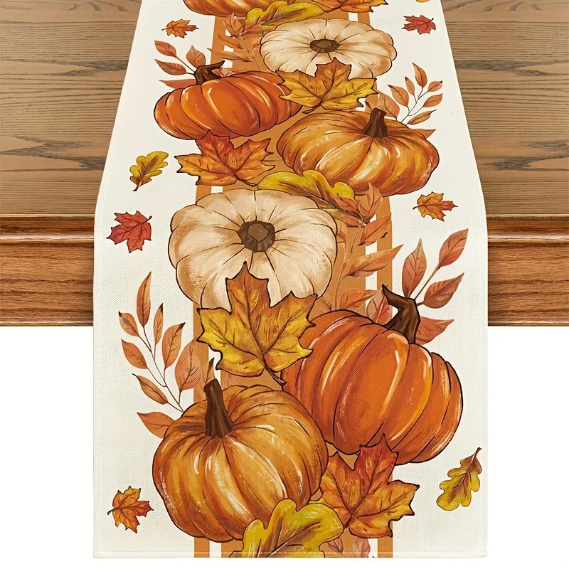 1pc Rectangle Table Runner -Thanksgiving Pumpkin and Maple Leaf Design Autumn Harvest Dining Table Decoration for Home Party