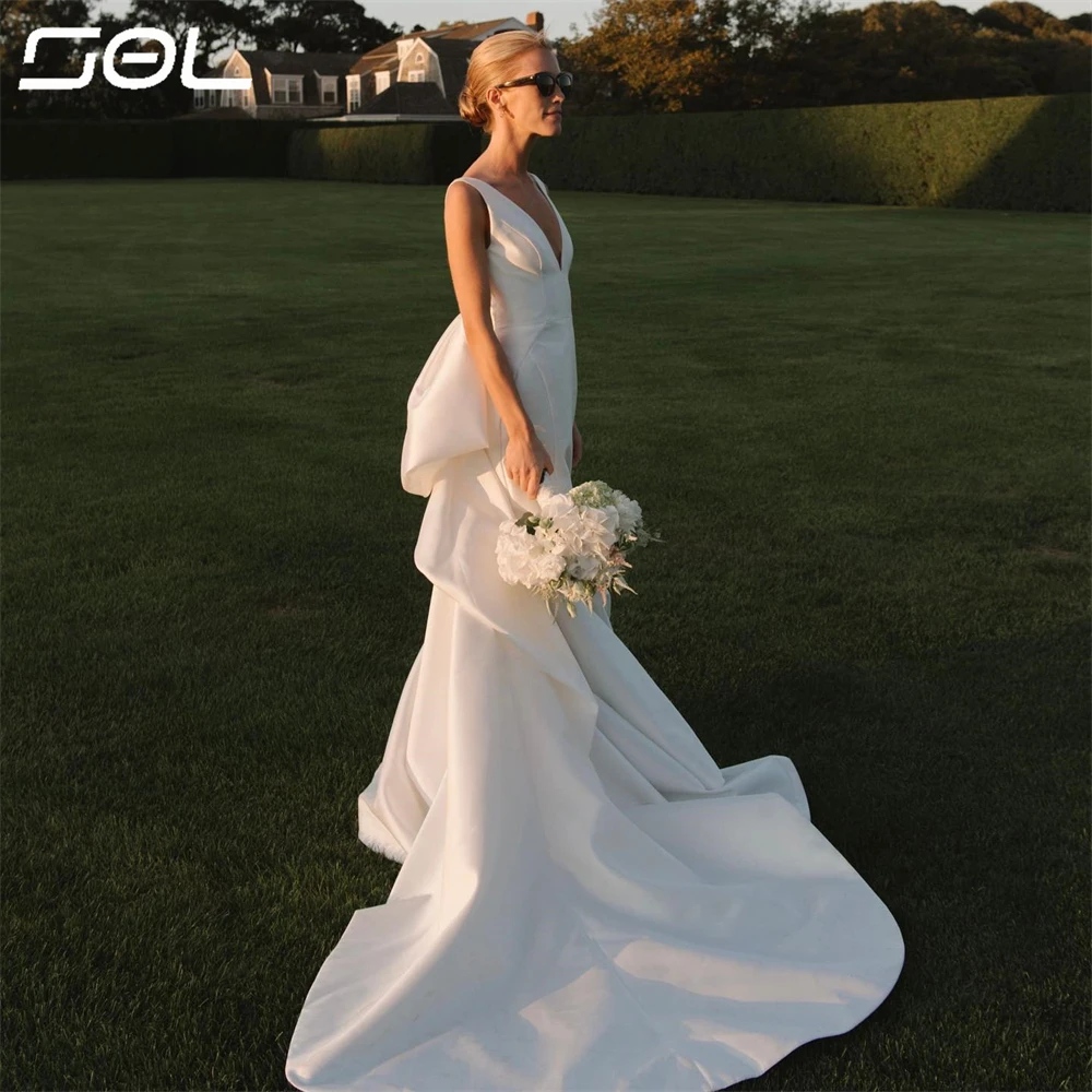 SOL Simple V Neck Spaghetti Straps abiti da sposa in raso con fiocco grande eleganti abiti da sposa lunghi fino al pavimento Vestidos De Novia