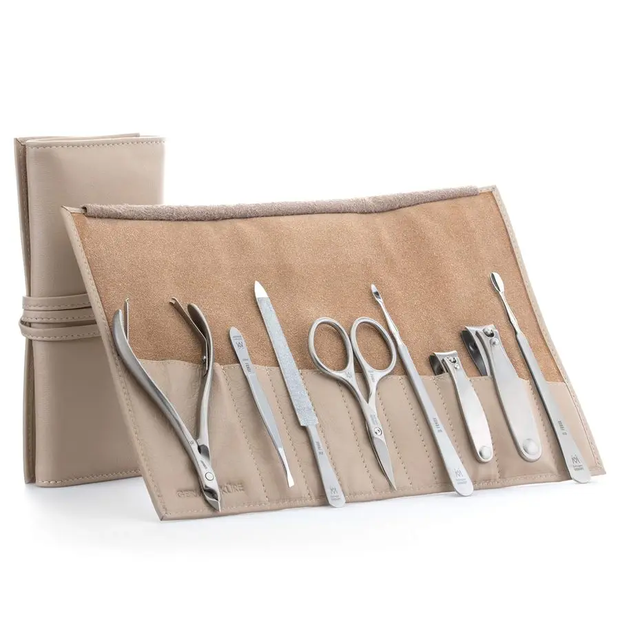 

8pc Manicure amp Pedicure Set in Beige Leather Case Made in Germany, FINOX Stainless Steel Tools Professional Cuticle and Nail C