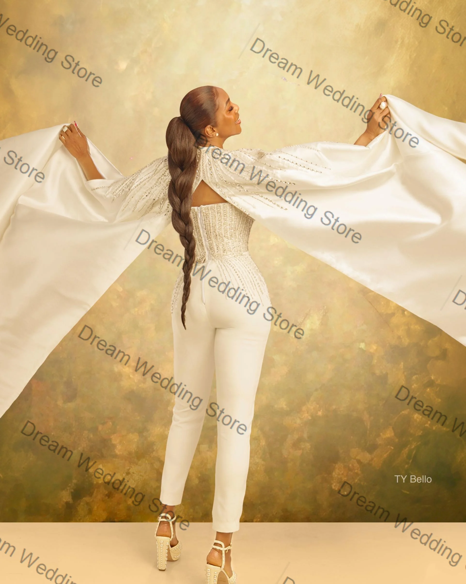 White Shawl Wrap Women Suit Set 2 Pcs Pearls Top Bra+Pants Luxury Wedding Formal Office Lady Jacket Customized Bridal Coat