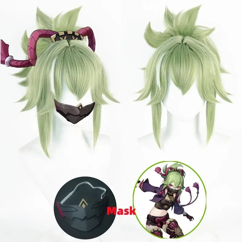 Zz04zz12Kuki Shinobu Cosplay verde claro 33cm corto con flequillo resalta pelucas de fiesta resistentes al calor + gorro de peluca