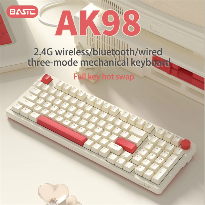 

New AK98 Customized Hot-swappable Shaft Bluetooth 2.4G Wireless Wired Three-mode Metal Multimedia Knob Mechanical Keyboard