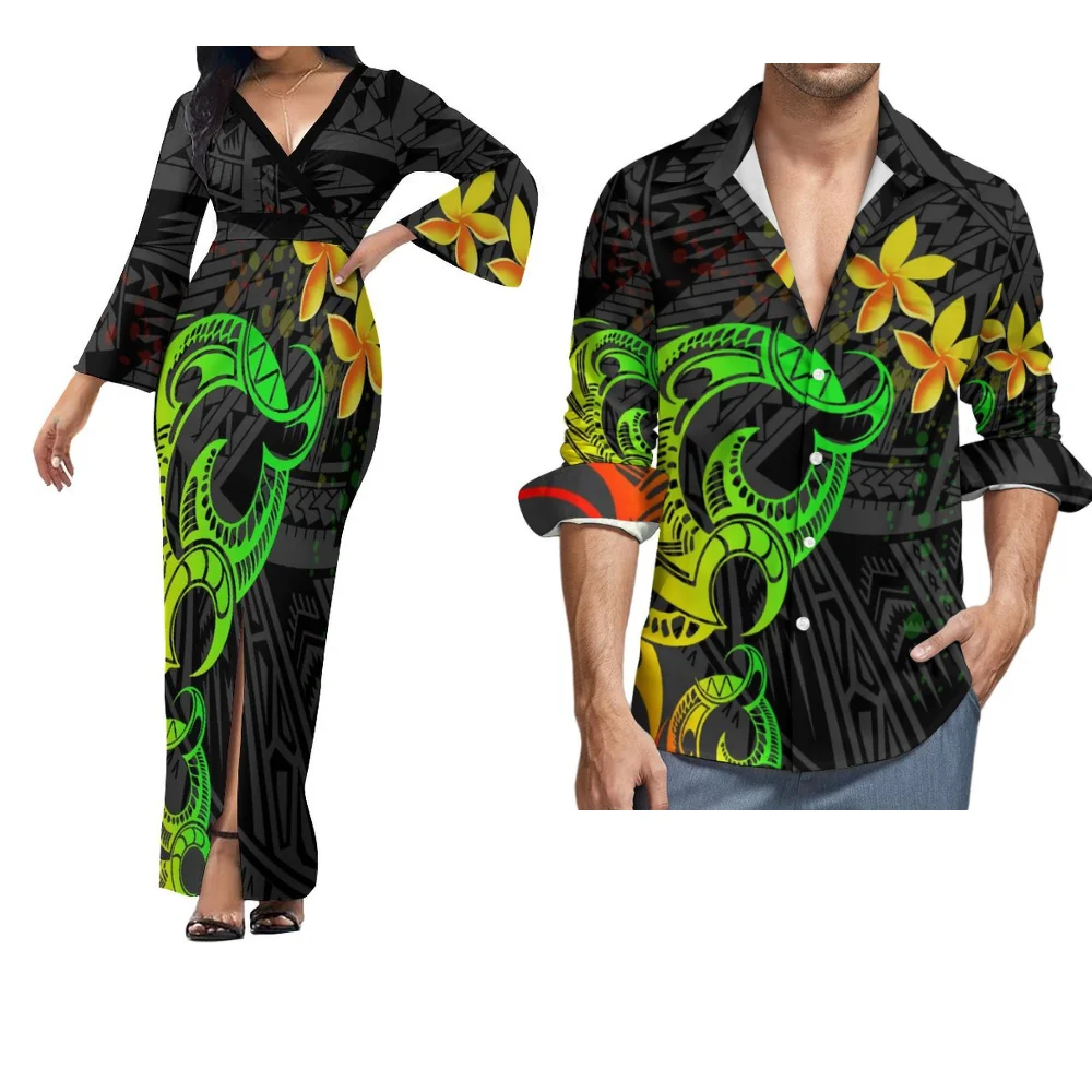 Couple Set Polynesian Tribal Ethnic Floral Print Design Loose Flared Sleeve V-Neck Slim Slit Long Sleeve Fashion Shirt For Men