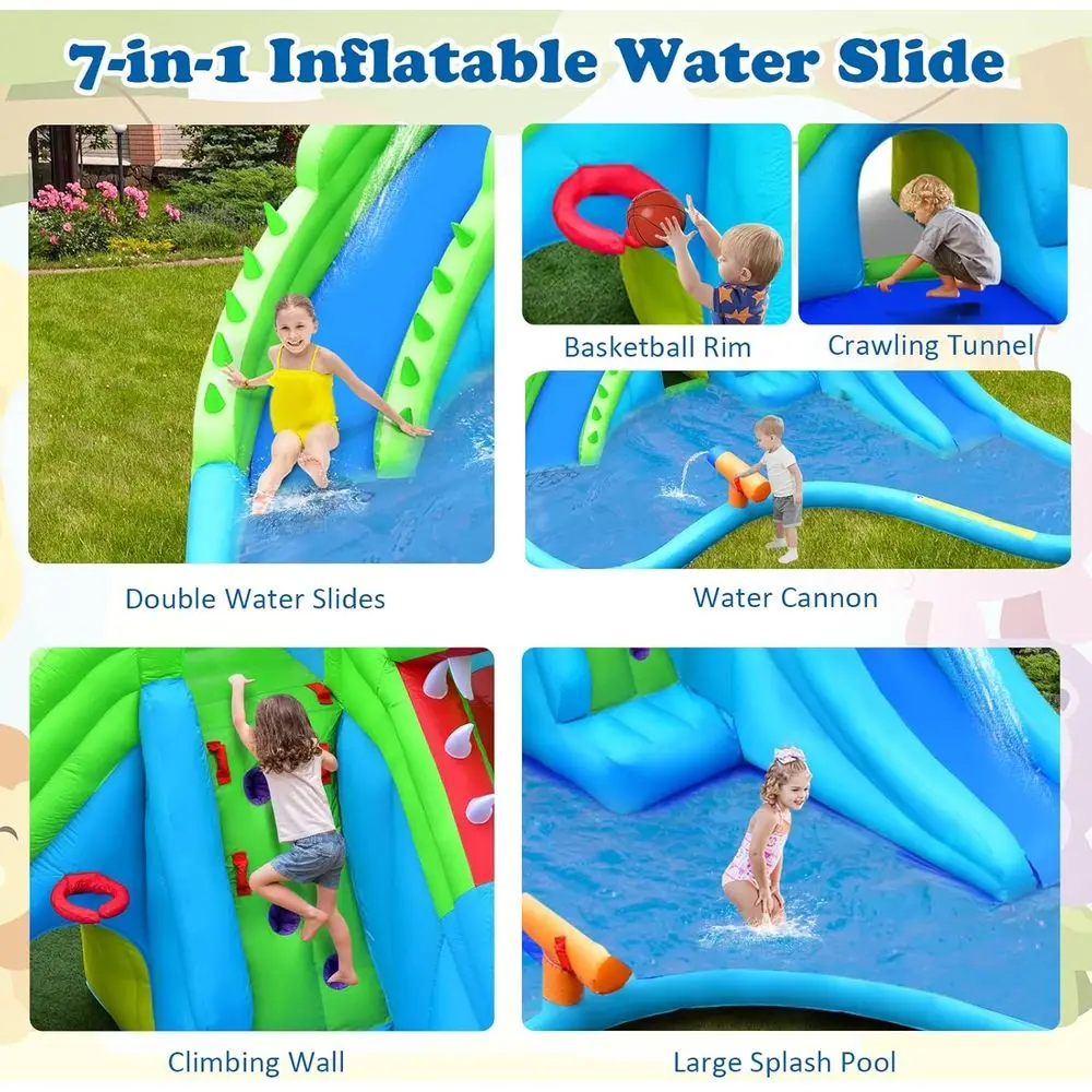 Dmuchane zjeżdżalnie wodne dla dzieci, 7 w 1 Krokodyl Splash n Slide Zamek Wodny z ścianą do wspinaczki i długim zjeżdżalniami, tunel do raczkowania i Spl