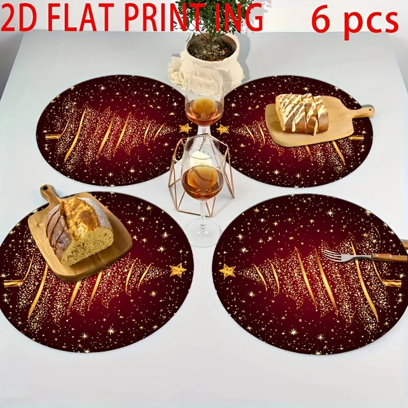 VIKAMA Round Christmas Placemats Golden Glitter Tree Linen Mats Non-Slip Heat Resistant for Luxury Xmas Party Decor