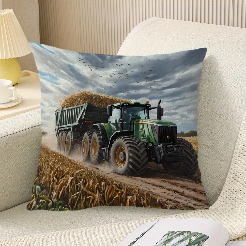 Farmhouse Tractor Wheat Field Double-Sided Pillowcase, Rustic Harvest Scene Cushion Cover with Zipper, Washable Decor Case
