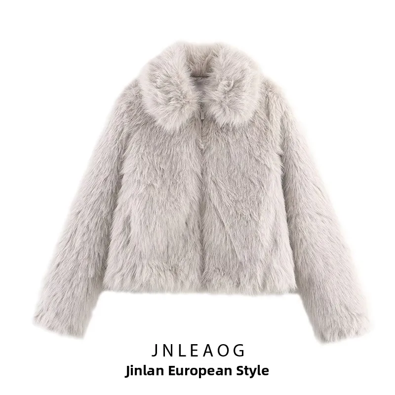 

Faionable Artificial Fur Effect Zipper ort Jaet Women's Clothing JNLEAOG Autumn New Sle Warm Polyester Fabric