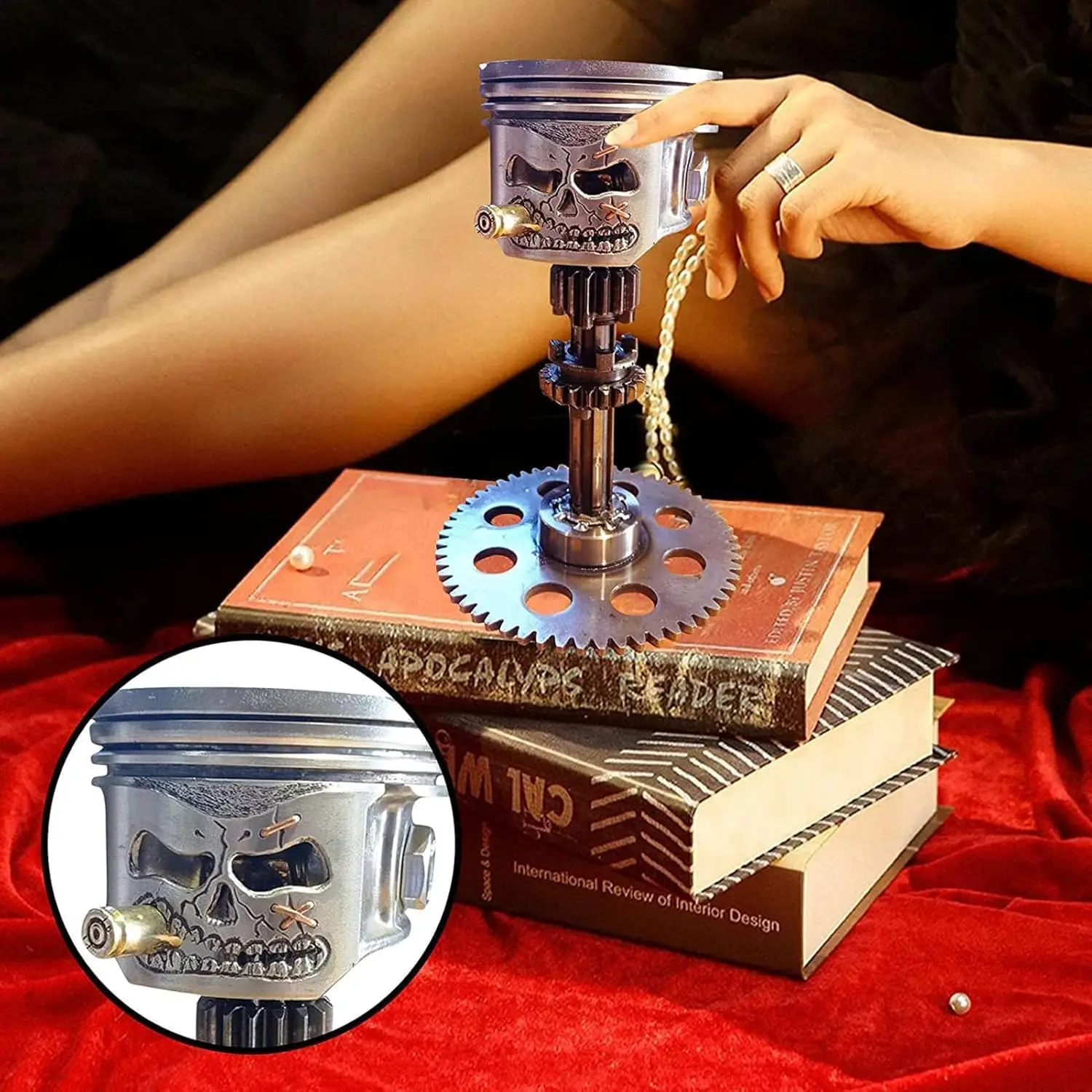Handmade Metal Art Figurine Carved Piston Skull Sculpture Skeleton Ornament for Office Home Table Desk Decor Car Lovers