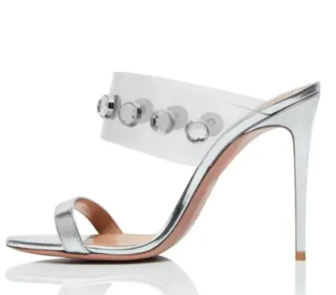 

Women Sliver Nude Black Leather Transparet PVC Big Crystal Rhinestone One Line Slip On Stiletto Heel Modern Slippers Sandals
