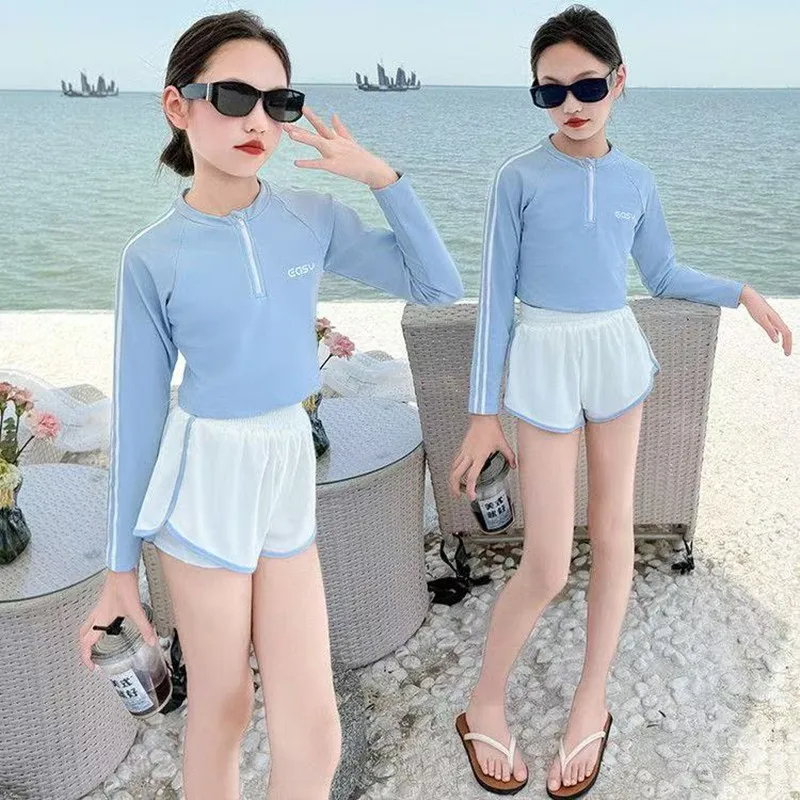 Childrens Swimsuit for Girls Two-Piece Set New Summer Style Comfortable and Breathable Long-Sleeve Top with Shorts Swimsuit Set