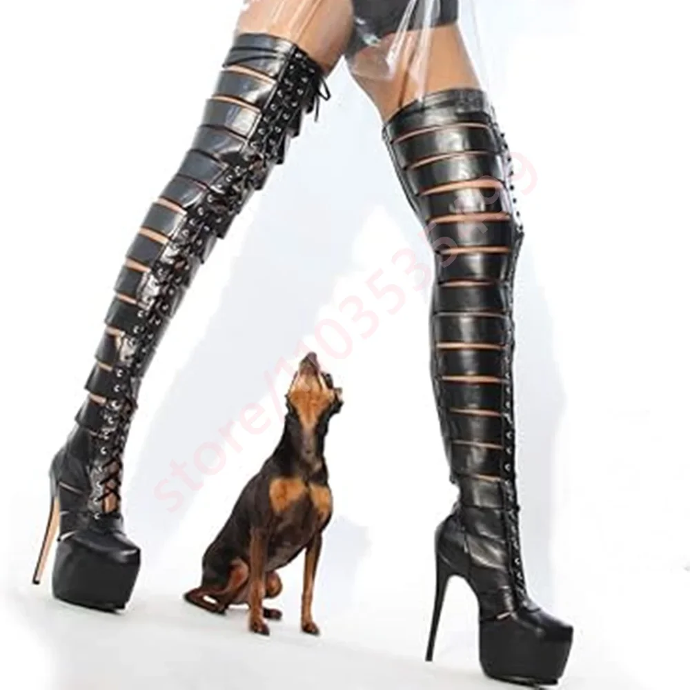 

Platform Over Knee Sexy Women's Party Leather Boots New Fashion Gladiator Stage Boot Hollow Cross Straps Model Catwalk Stilettos