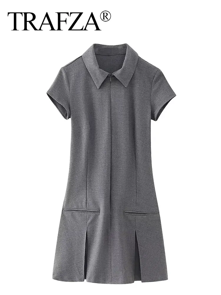 TRAFZA 2024 Summer Women Office Pleated Shirt Dress Short Sleeve Turn Down Collar Zipper Front Slim Feamle Mini Dress Y2K